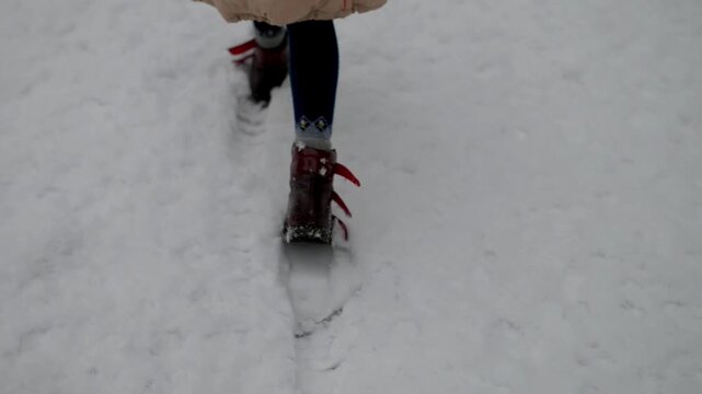 little beautiful girl in a jacket walking in the snow in a city park