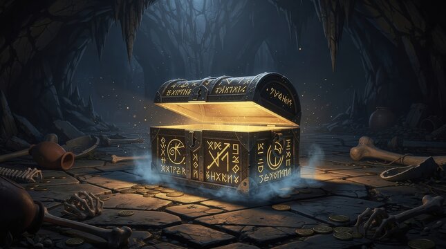 A glowing magical treasure chest sits open in a dark, eerie cave surrounded by bones and ancient artifacts.