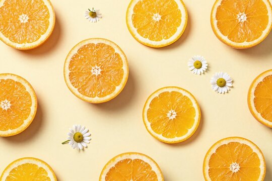 A bunch of sliced oranges and limes on a yellow background