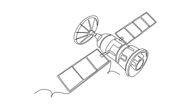 Animated self drawing of continuous line draw an isometric satellite space vehicle with solar panels and a communication dish, representing cosmic network technology. Full length one line animation