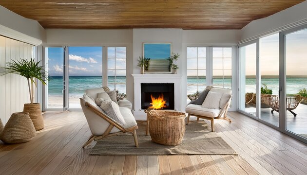 coastal living room with fireplace rendering