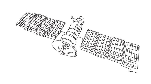 Animated self drawing of continuous line draw an orbital satellite space vehicle with large solar panel arrays, representing modern communication technology concepts. Full length one line animation