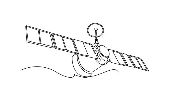 Animated self drawing of continuous line draw telecommunication satellite vehicle orbiting in deep space with extended solar panels, representing global network tech. Full length one line animation