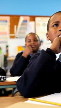 Vertical video: Listening right boy in navy sweater resting chin as teacher speaking at desk pencil