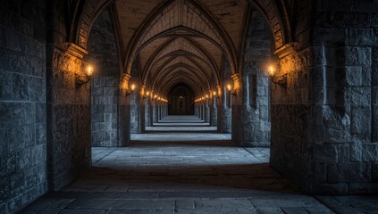 Obraz premium Long stone corridor in an old palace illuminated by medieval torch sconces