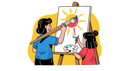 Fototapeta premium Woman and child painting a bright sun on a canvas together