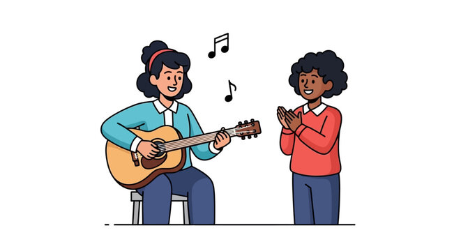 Woman playing acoustic guitar while young girl claps along