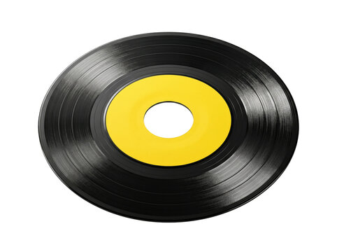 7-inch 45 RPM vinyl record with blank yellow label isolated on black background for music mockup and vintage audio design