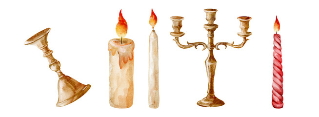 Fototapeta premium Christmas tree branches watercolor clipart candlestick
