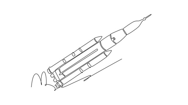 Self drawing animation of single line draw large multi-stage space rocket vehicle flying diagonally upwards during launch blastoff, leaving a quick loop of smoke. Continuous line. Full length animated