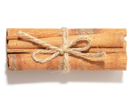Elegant arrangement of multiple dried cinnamon sticks beautifully tied with rustic jute twine, presented on a bright white surface, highlighting natural texture and warmth