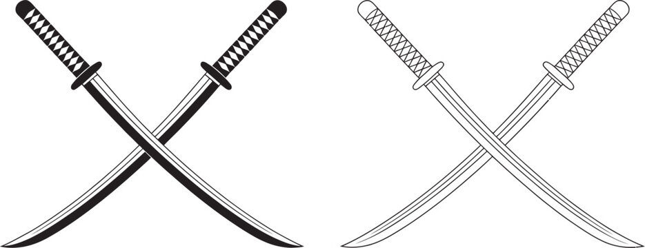 Crossed samurai katana swords in black silhouette and outline styles under flat studio lighting on a white background, representing honor, tradition and Japanese warrior heritage 