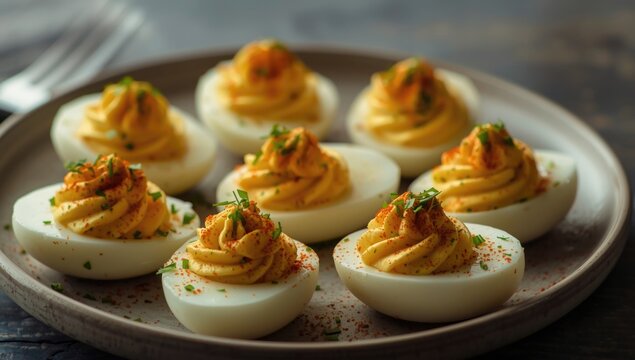 Deviled eggs garnished with paprika and herbs on a plate