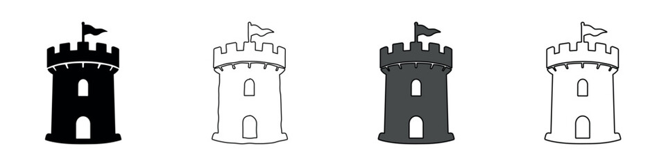 Collection of four castle tower icons in different styles and colors © Ophelia