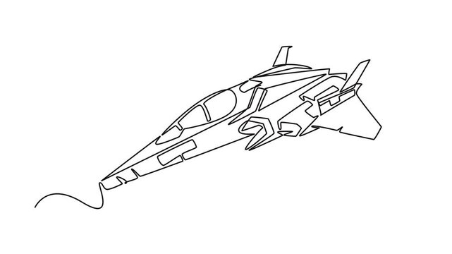 Animated self drawing of continuous line draw a futuristic space vehicle or advanced combat jet in mid-flight, representing sci-fi aerospace tech engineering concept. Full length single line animation