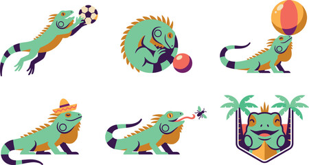 Obraz premium Stylized Iguana Vector Icon Set Featuring Lizard Characters Playing Sports, Eating Insects, Wearing a Sombrero, and Tropical Palm Tree Emblem Badges
