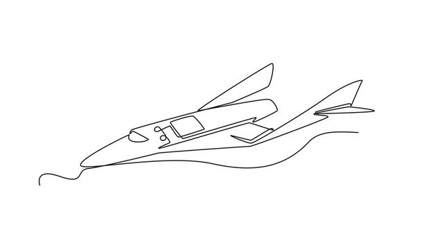 Animated self drawing of continuous line draw futuristic space vehicle flying high gracefully in the cosmos, showcasing an advanced science fiction aircraft or plane. Full length single line animation