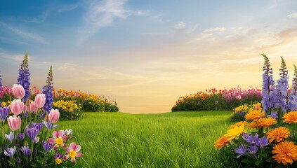 Fototapeta premium Spring flowers blooming on green lawn under a warm summer sky with vibrant colors