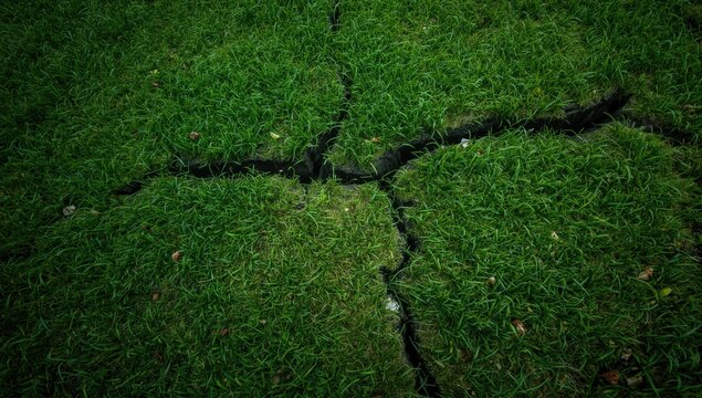 Thematic image depicting radon gas release from cracks underneath vibrant green turf