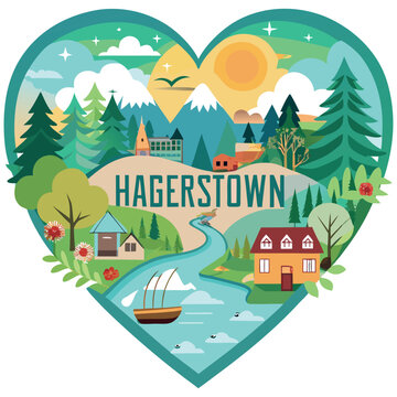 Heart Shaped Hagerstown Travel Vector Illustration featuring Scenic Mountain and River Landscape with Houses