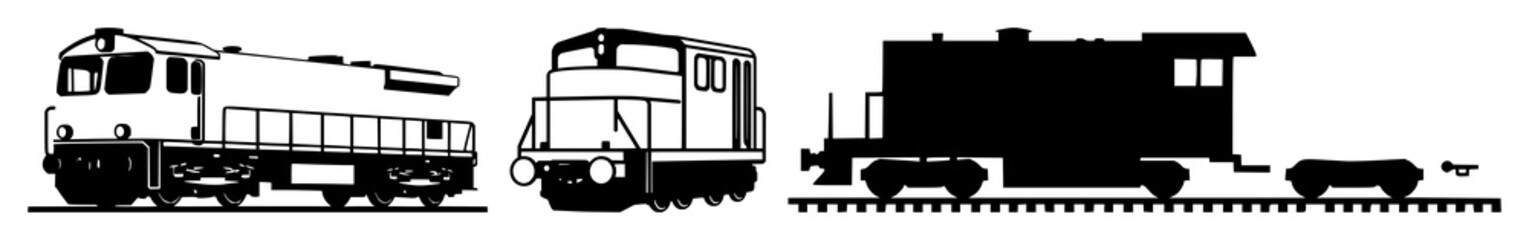 Obraz premium Rail freight train icon set with solid black silhouette on white background featuring freight rail, transportation, iconography with line art and minimalism
