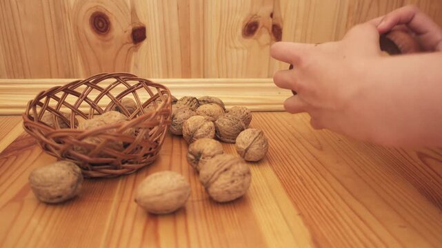 Little girl tries to break walnuts with wooden tool.