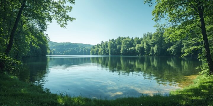 Relaxing forest lake scene with an unbroken line of vivid green trees by calm blue waters
