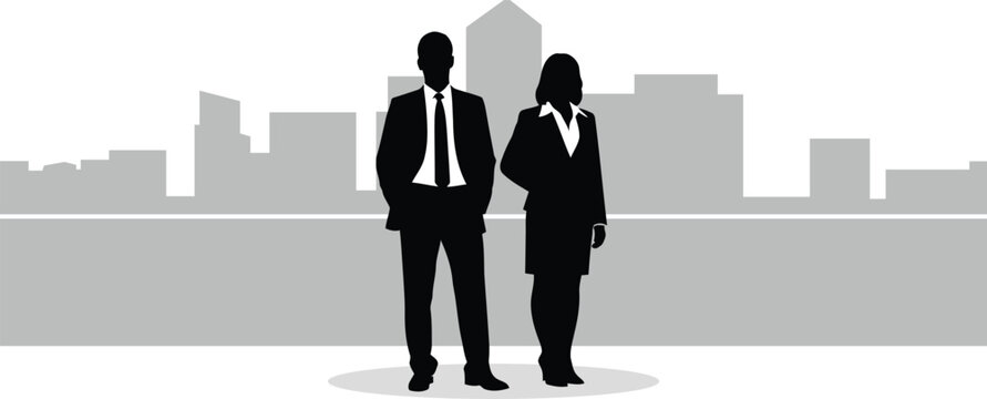 Business professionals standing in front of city skyline