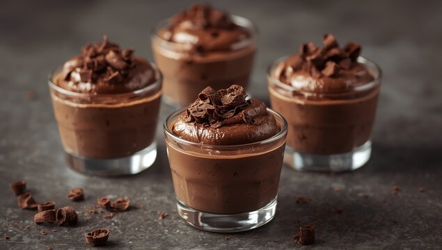 Silky vegan chocolate mousse in portioned glassware topped with delicate chocolate curls, perfect for low calorie intake