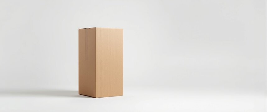 Studio image of a tall brown cardboard box in half side perspective with white background