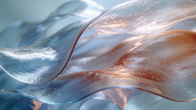 Abstract fluid waves of blue and copper with shimmering particles. Slow motion 3D animation of translucent flowing ribbons. Copper peptides and scientific research concept