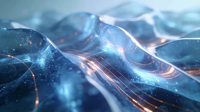Abstract blue waves with glowing copper lines and sparkling particles. Futuristic technology and science concept representing energy flow or copper peptides. 3D animation of undulating fluid motion
