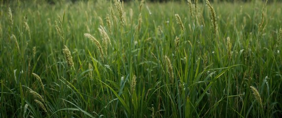 Fototapeta premium Tall green grass swaying in a field at sunset