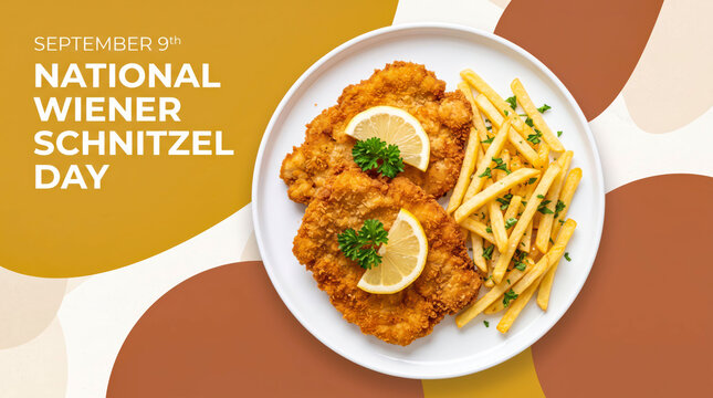 Wiener schnitzel dish with fries on white plate for national wiener schnitzel day