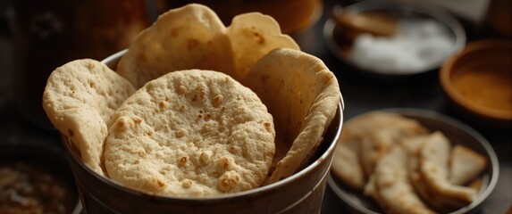 Fototapeta premium Freshly baked flatbreads in a metal container