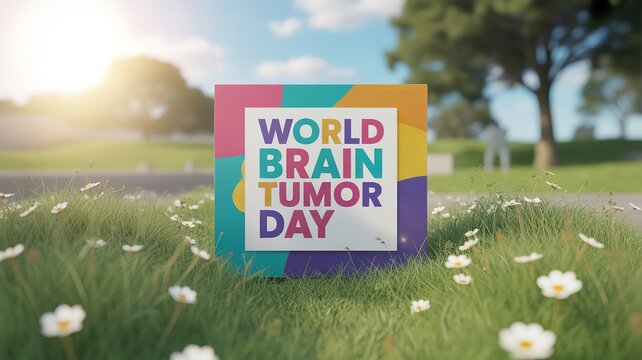 Colorful outdoor sign on grass with flowers promoting world brain tumor day awareness campaign in park setting with sunlight