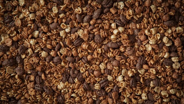 Rich textural background filled with cocoa crunch cornflakes scattered for a breakfast scene