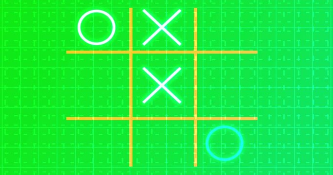 4K Glowing animated Tic Tac Toe Game Icon on a grid background. Neon Tic Tac Toe X-O game icon on a grid background for banners, business workflows, and digital backdrops. Easy to use in any video.