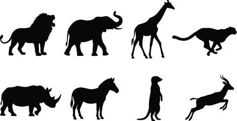 African safari animals black silhouettes vector icon set featuring roaring lion elephant giraffe cheetah rhino zebra and meerkat © Sobuz