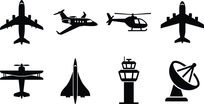 Aviation and air transportation black silhouettes vector icon set featuring commercial airplane private jet helicopter and airport control tower