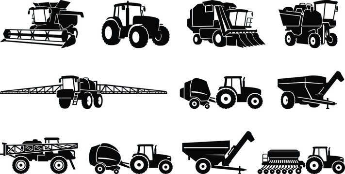 Agricultural machinery black silhouettes vector icon set featuring tractor combine harvester field sprayer round baler and seed drill