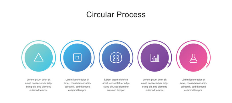 Professional business circular process workflow layout template displaying five gradient colored round step buttons with thin line outline symbols.