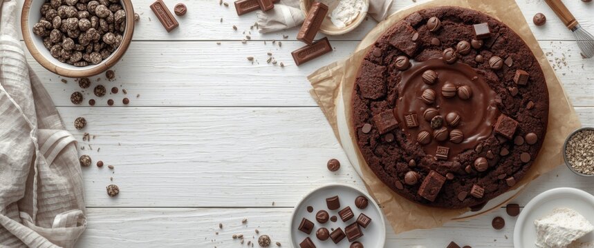 minimalist copy space backdrop with chocolate brownie cake and baking essentials on white wood