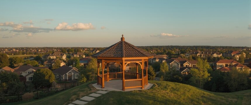 Overhead image of a wooden pavilion gazebo overlooking architecturally styled rental houses