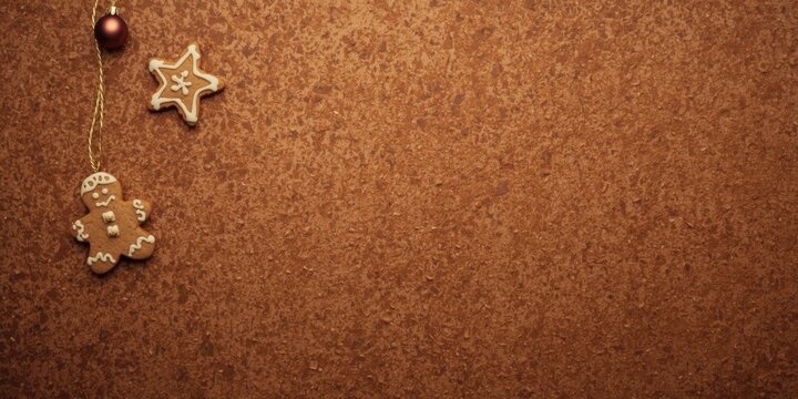 Warm brown textured surface with hanging star and holiday ornament gingerbread cookies and ample copy space
