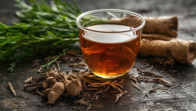 Natural burdock tea served hot with recently harvested roots