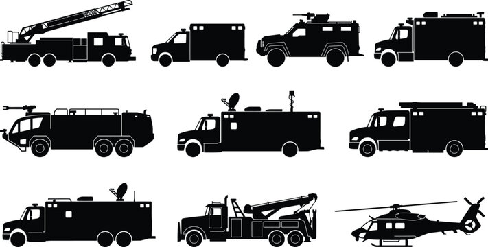 Emergency response vehicle silhouette set featuring fire truck ambulance rescue helicopter and mobile command trucks on white background