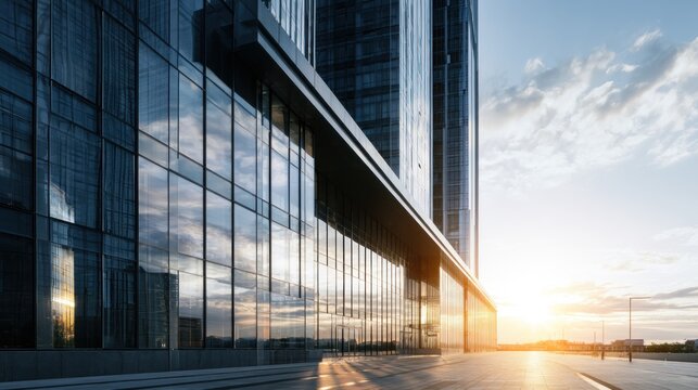 Modern glass building reflecting sunset sky