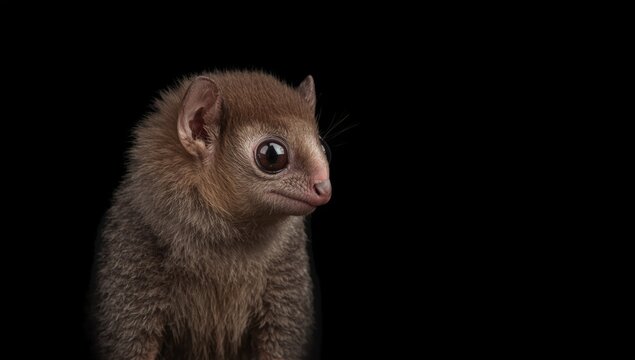 Lesser Bushbaby Galago portrait with dark solid background and empty area for text addition