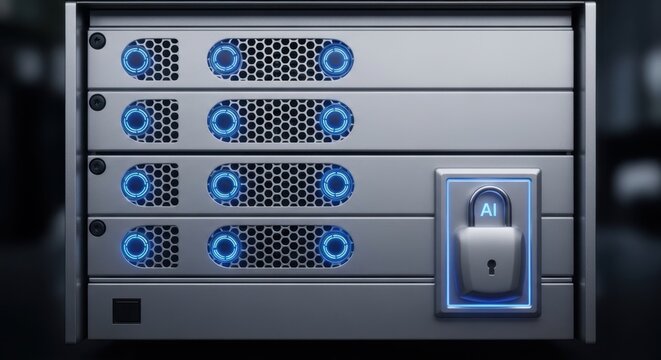 Close-up of a secure server with blue glowing lights and a lock